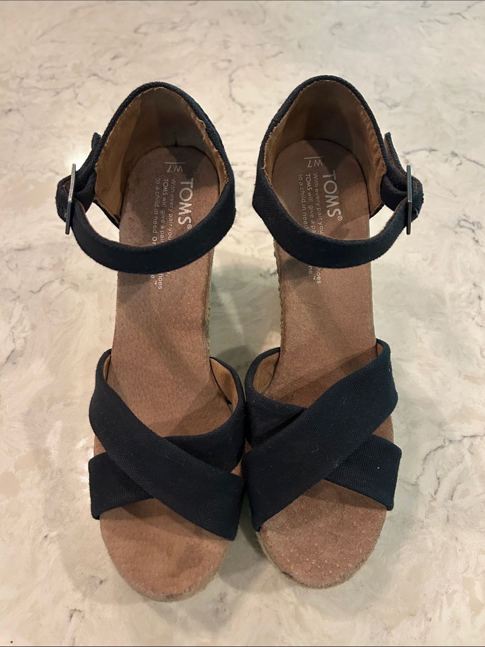 Toms Black Crisscross Ankle-Strap Wedge Sandals 7